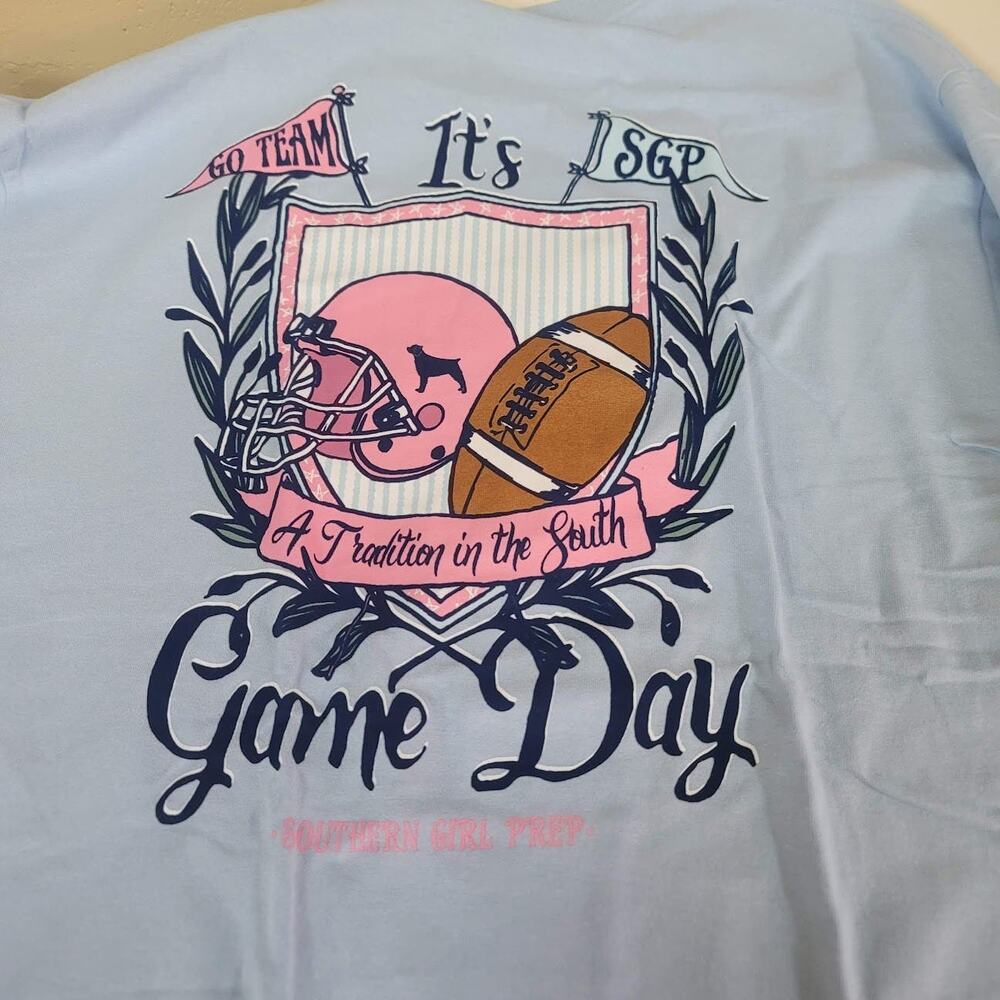 Southern Girl Prep NEW Long Sleeve T-Shirt Cotton GAME DAY Pink blue Bows LARGE